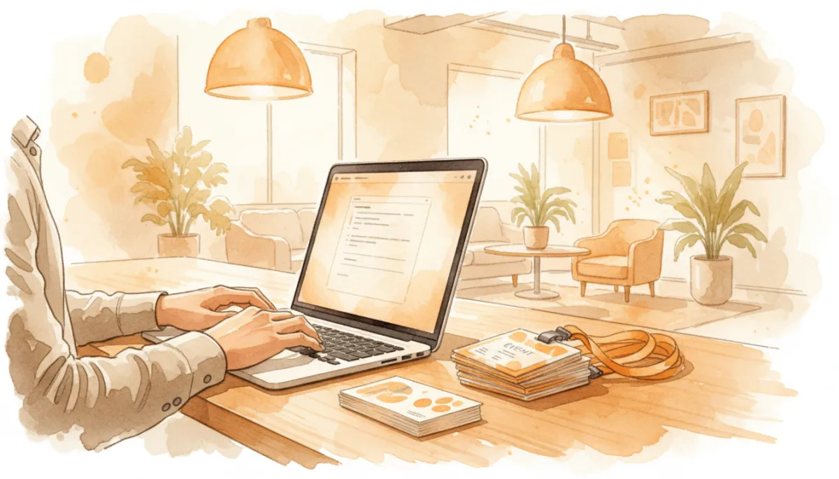 professional photorealistic scene of a focused founder in an amber-accented coworking space, typing a follow-up email on a laptop while event badges and business cards lie beside the keyboard, warm lighting, clean modern design