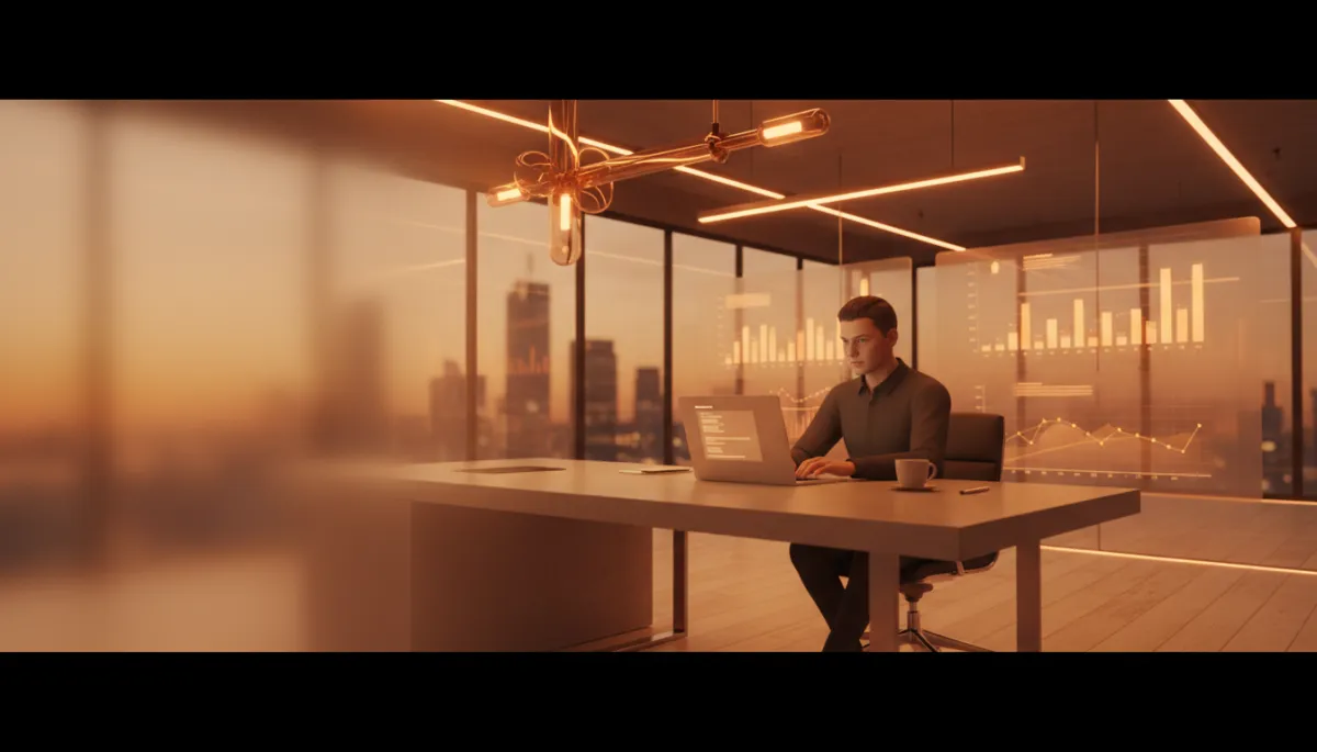 professional photorealistic scene of a founder at a laptop crafting a sales email in a modern amber-accented office, warm lighting, subtle charts in background, text overlay space on left