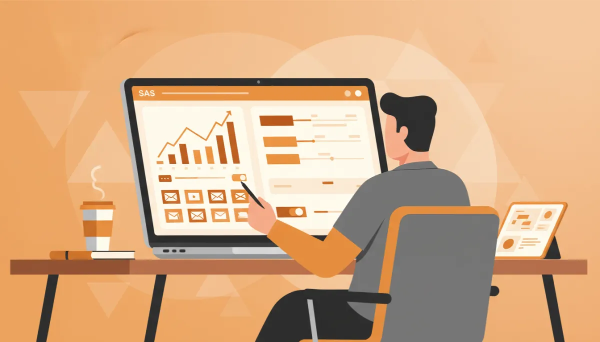 professional photorealistic scene of a startup founder in an amber-accented workspace reviewing an email sequence dashboard on a laptop, graphs and timelines on screen, subtle #92400e highlights on UI elements, warm lighting, clean SaaS-style interface