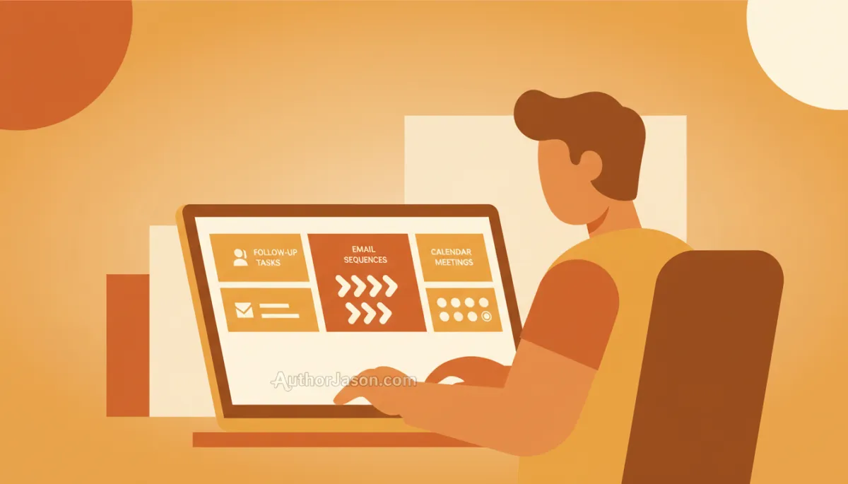 professional photorealistic amber-toned scene of a startup founder at a laptop reviewing a clean sales dashboard showing follow-up tasks, email sequences, and calendar meetings, subtle AuthorJason.com branding on screen, calm focused mood