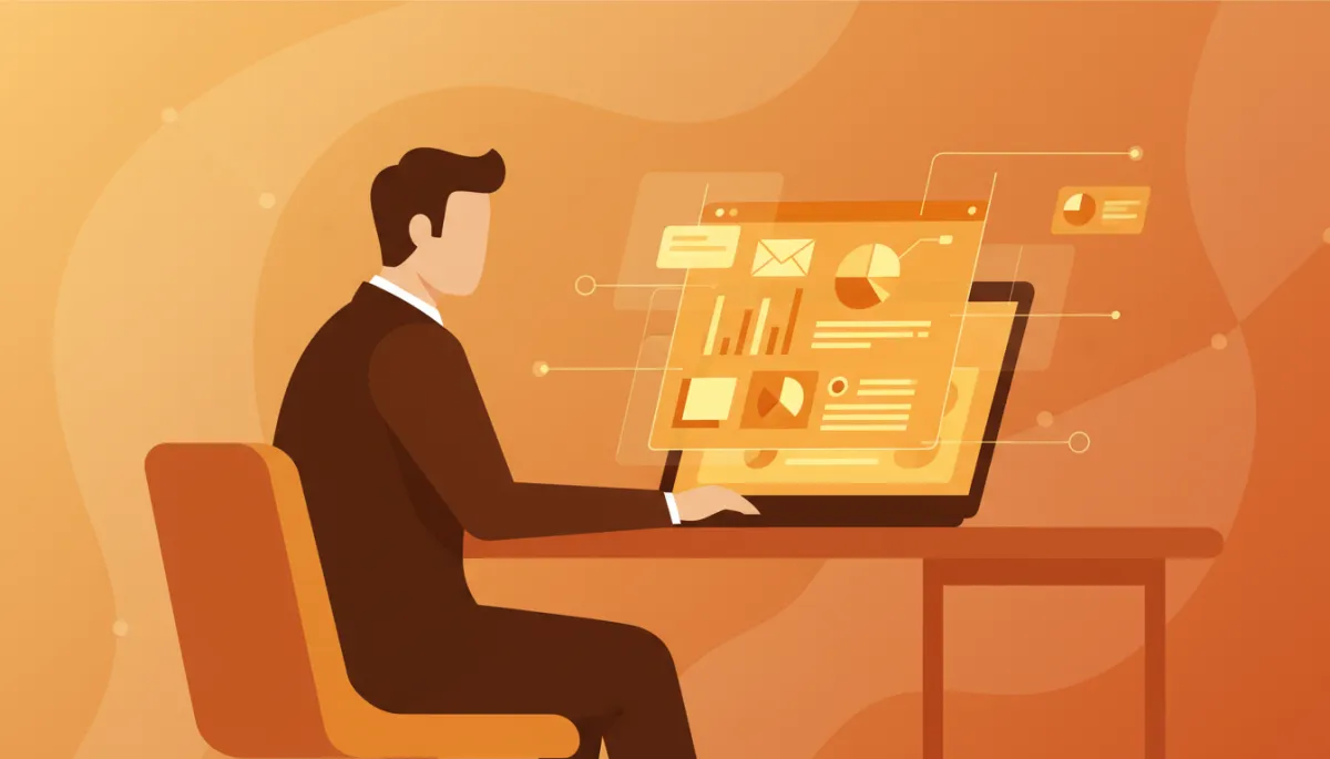 professional photorealistic scene of a founder at a laptop in an amber-accented office, email analytics dashboard on screen, subtle overlay interface elements suggesting automation and sequencing