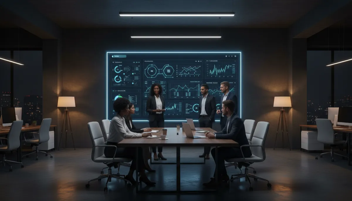 photorealistic dark charcoal office at night, diverse startup founders gathered around a large screen showing a CRM dashboard and AI analytics, moody professional tech business lighting photorealistic dark charcoal office at night, diverse startup founders gathered around a large screen showing a CRM dashboard and AI analytics, moody professional tech business lighting