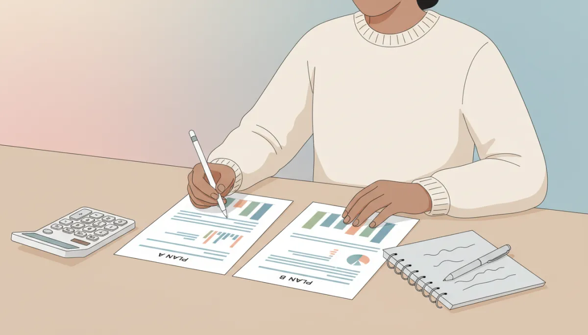 Self-employed person comparing two health insurance plan summaries with a calculator Self-employed person comparing two health insurance plan summaries with a calculator