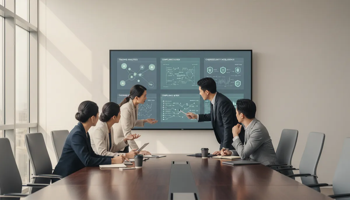 Professional boardroom reviewing AI-powered trading, compliance, and security workflows
