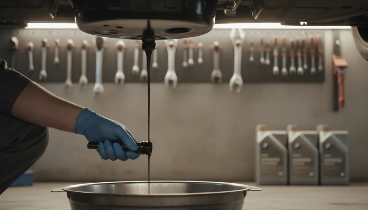 Used engine oil being drained during a BMW maintenance service