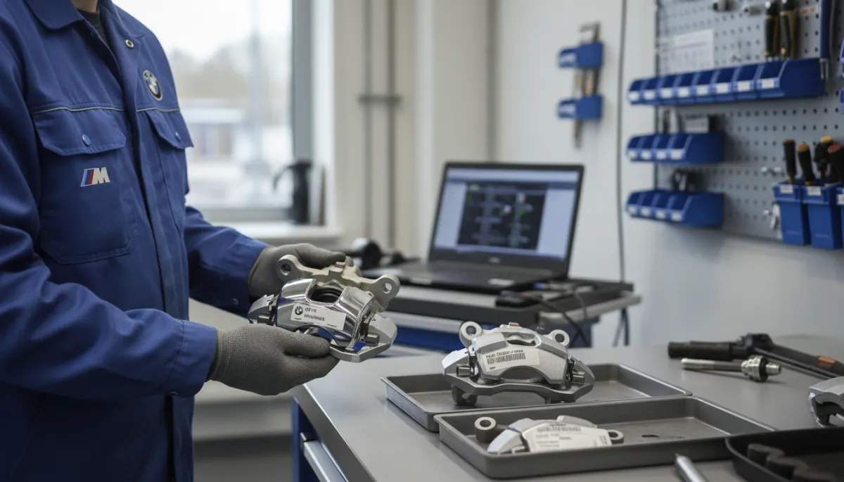 professional photorealistic close-up in a neutral-toned workshop of a BMW technician comparing a genuine BMW-branded part and an OEM supplier part on a clean workbench, both labeled and organized with diagnostic laptop open in the background professional photorealistic close-up in a neutral-toned workshop of a BMW technician comparing a genuine BMW-branded part and an OEM supplier part on a clean workbench, both labeled and organized with diagnostic laptop open in the background