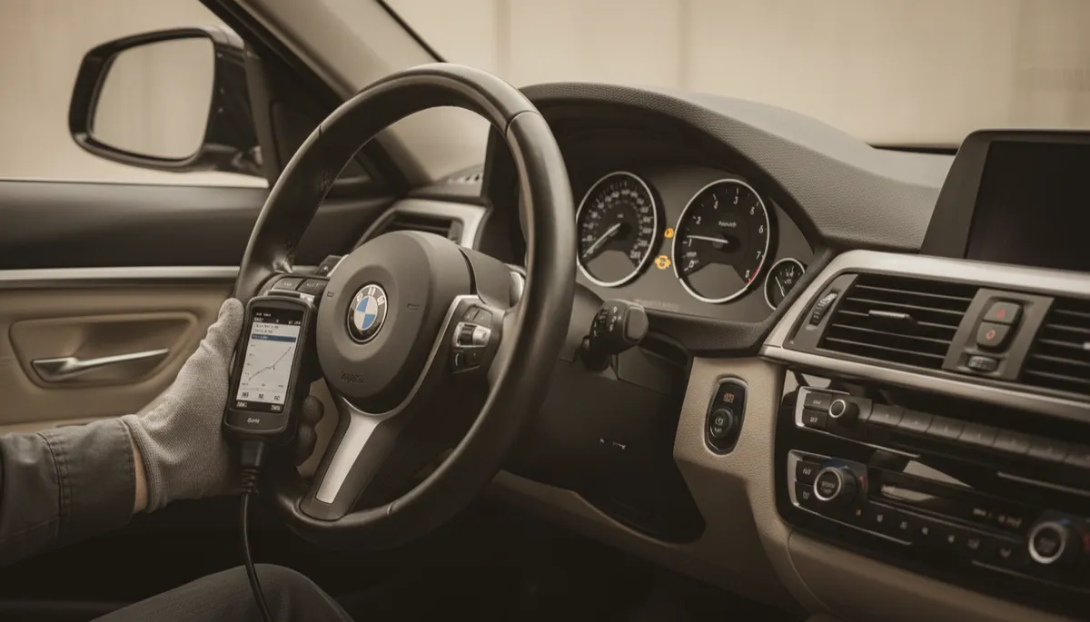 BMW dashboard with check engine light and diagnostic scan tool in use BMW dashboard with check engine light and diagnostic scan tool in use