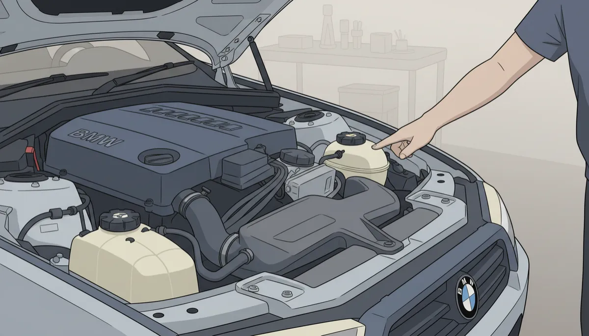 Technician inspecting BMW coolant system components Technician inspecting BMW coolant system components