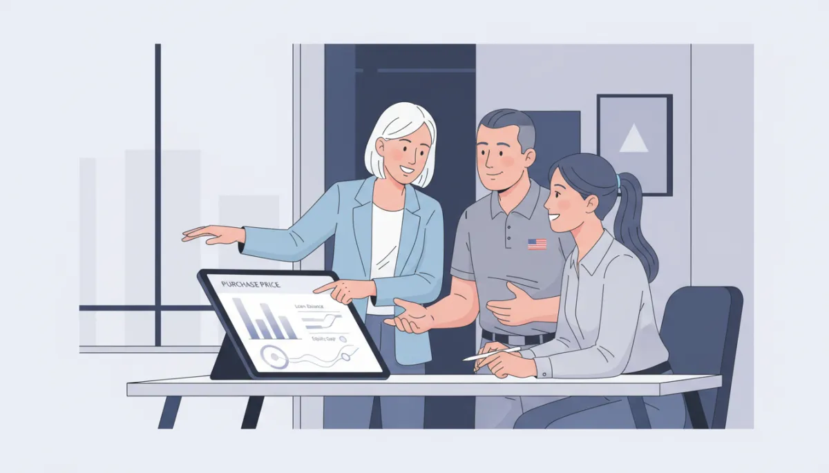 Realtor, veteran seller, and buyer reviewing the equity gap on a VA assumable loan