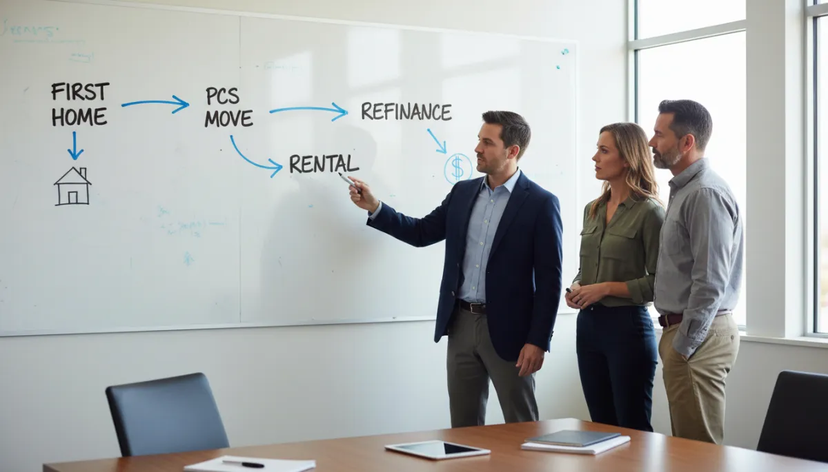 Loan expert mapping multi-stage VA homeownership strategy for a veteran couple on a whiteboard