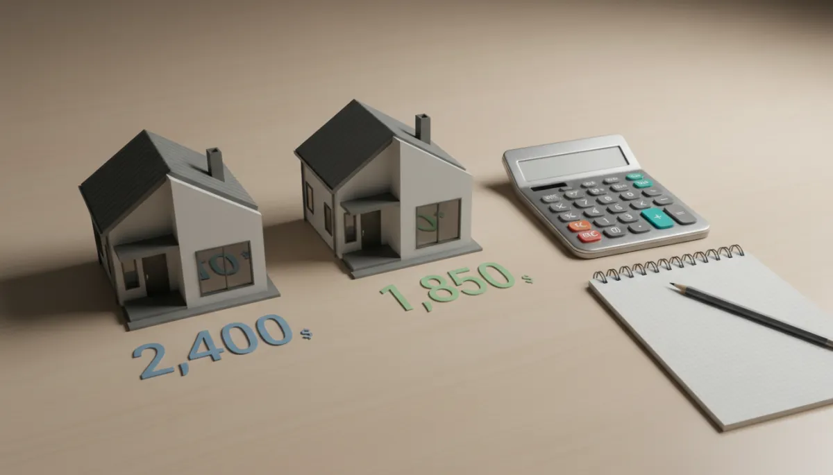 professional neutral-toned graphic on a desk showing two similar houses side by side with different insurance cost numbers, calculator and notepad nearby
