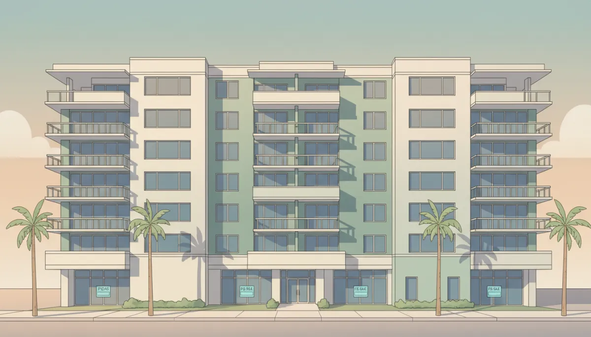 professional street-level view of Florida mid-rise condo building with for-sale signs and quiet sidewalk, soft afternoon light, neutral tones