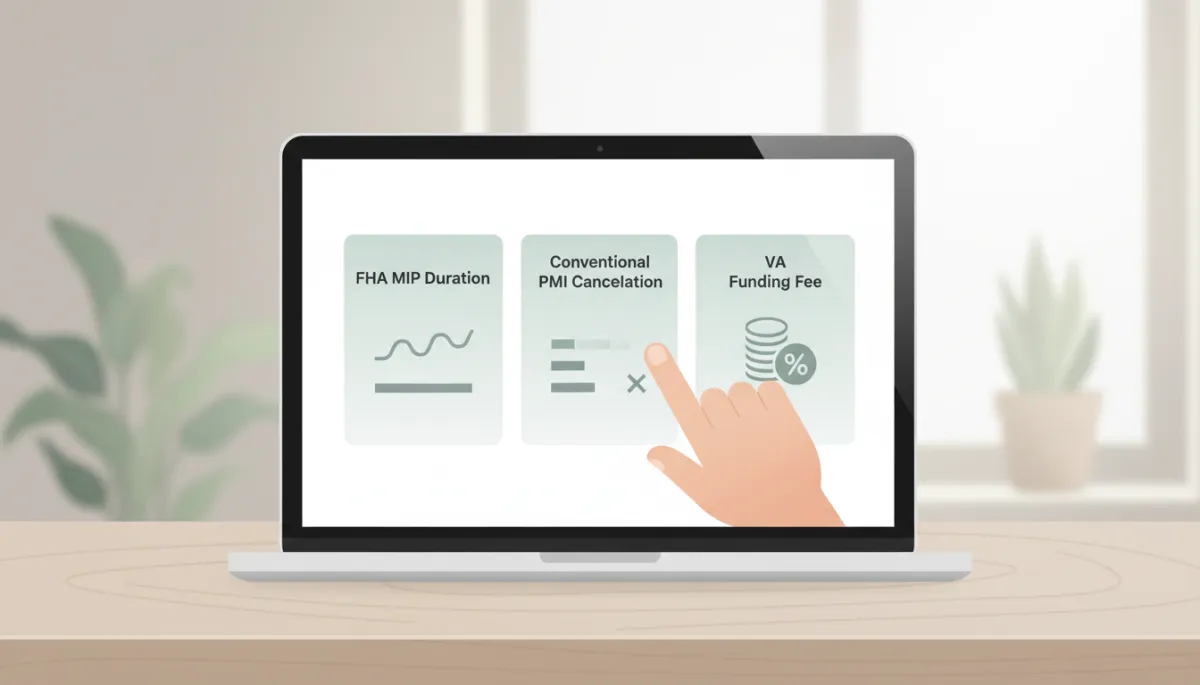 Comparison of FHA MIP, conventional PMI, and VA funding fee on a screen