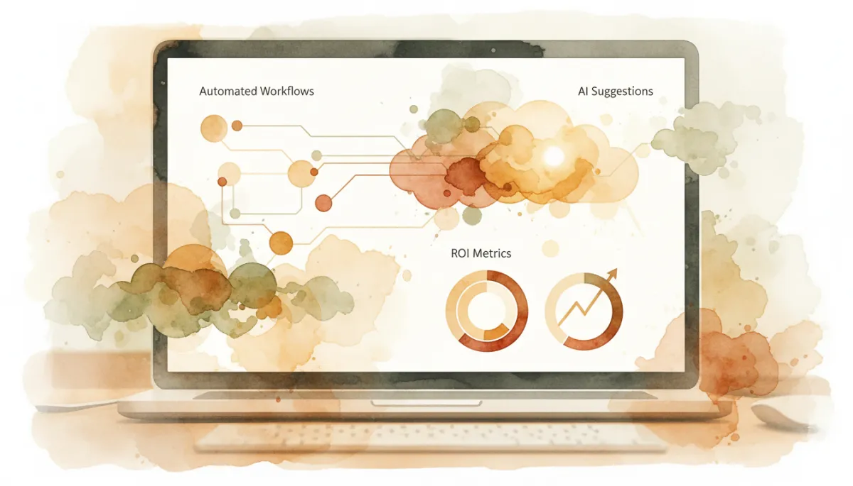 Dashboard showing automated workflows, AI suggestions, and ROI metrics for an SMB