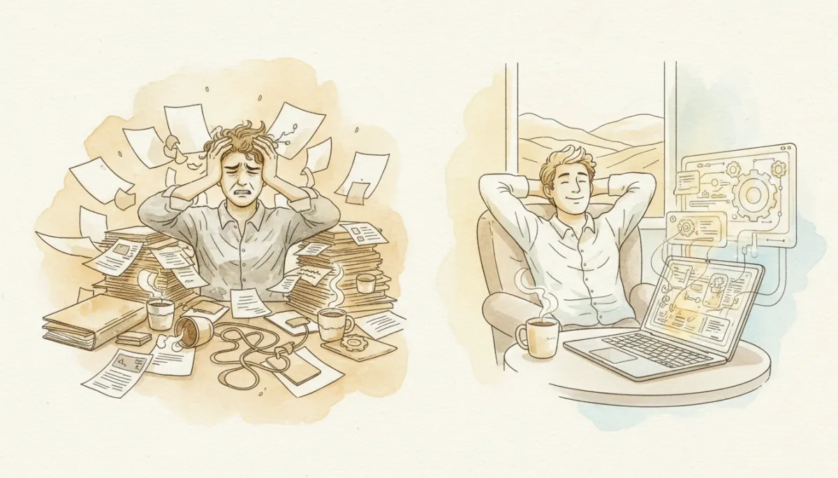 Comparison of manual paperwork versus streamlined automated workflows for a business owner