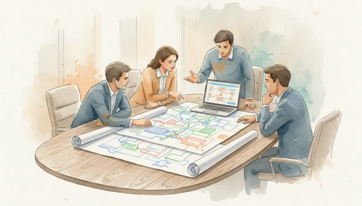 Team reviewing business processes and workflow improvements around a conference table
