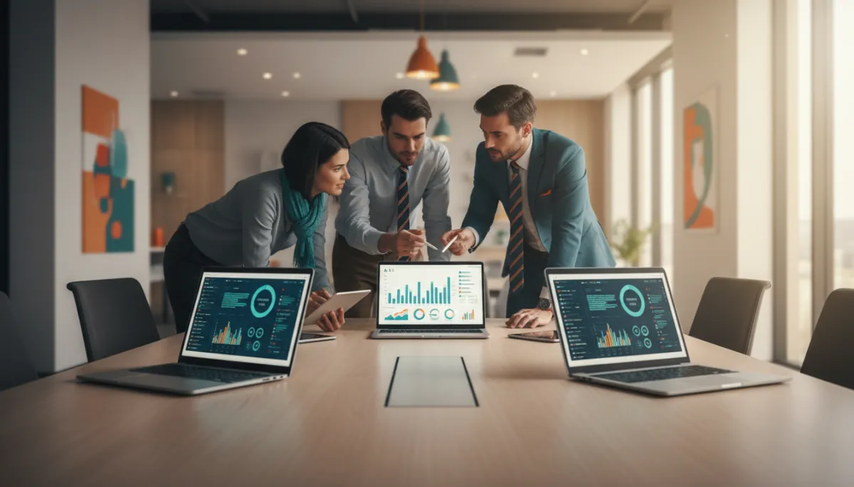 Team reviewing AI productivity dashboards in a modern office Team reviewing AI productivity dashboards in a modern office
