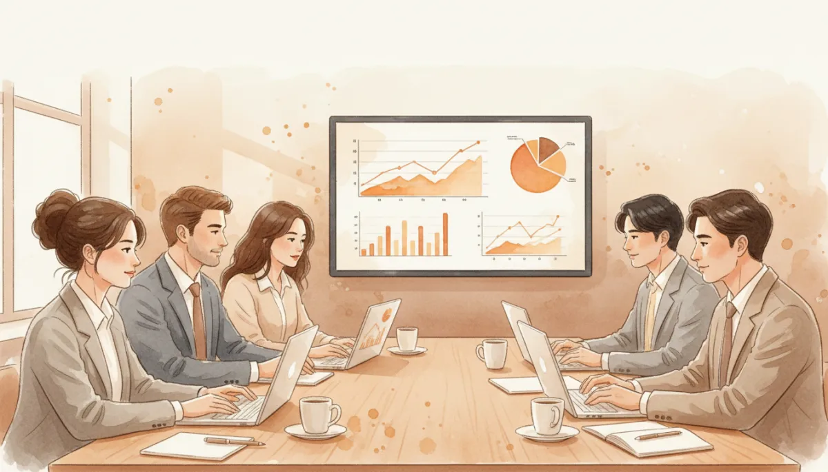 Team reviewing AI-driven marketing performance charts in a meeting Team reviewing AI-driven marketing performance charts in a meeting