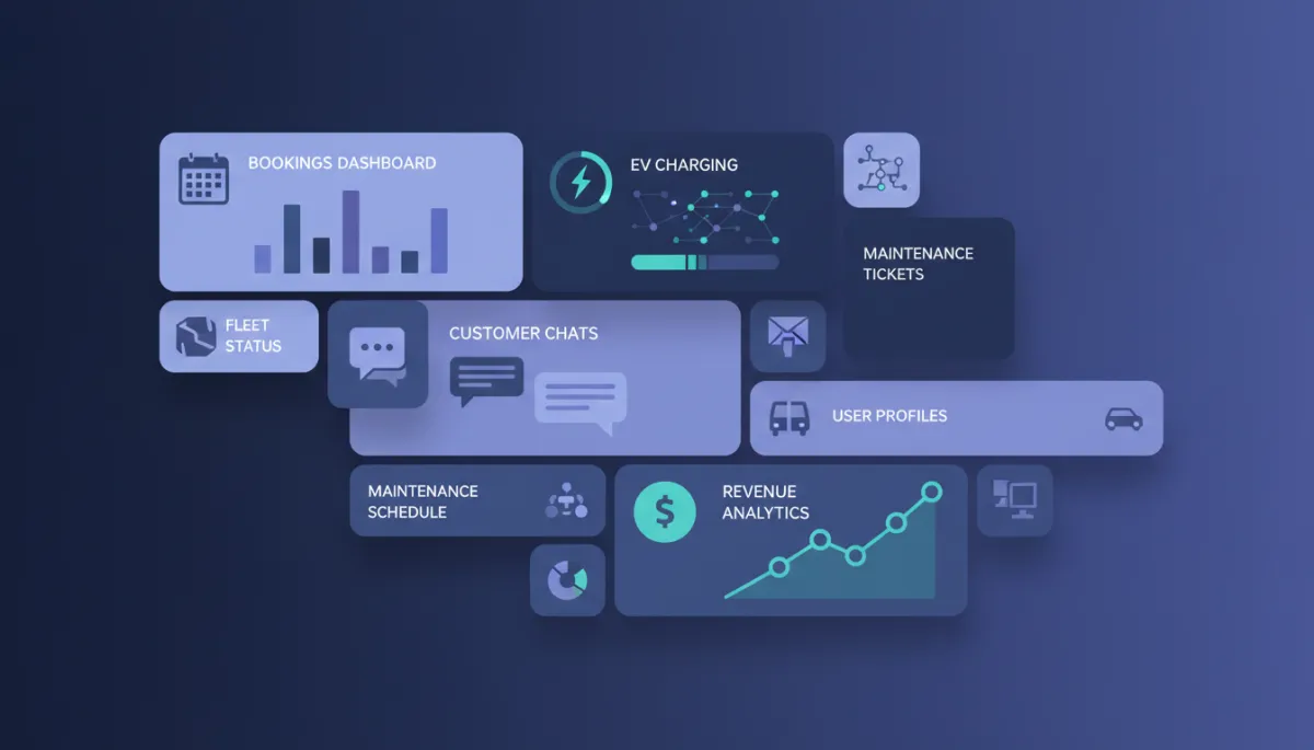 Illustration of a central mobility operations dashboard connecting bookings, vehicles and customers