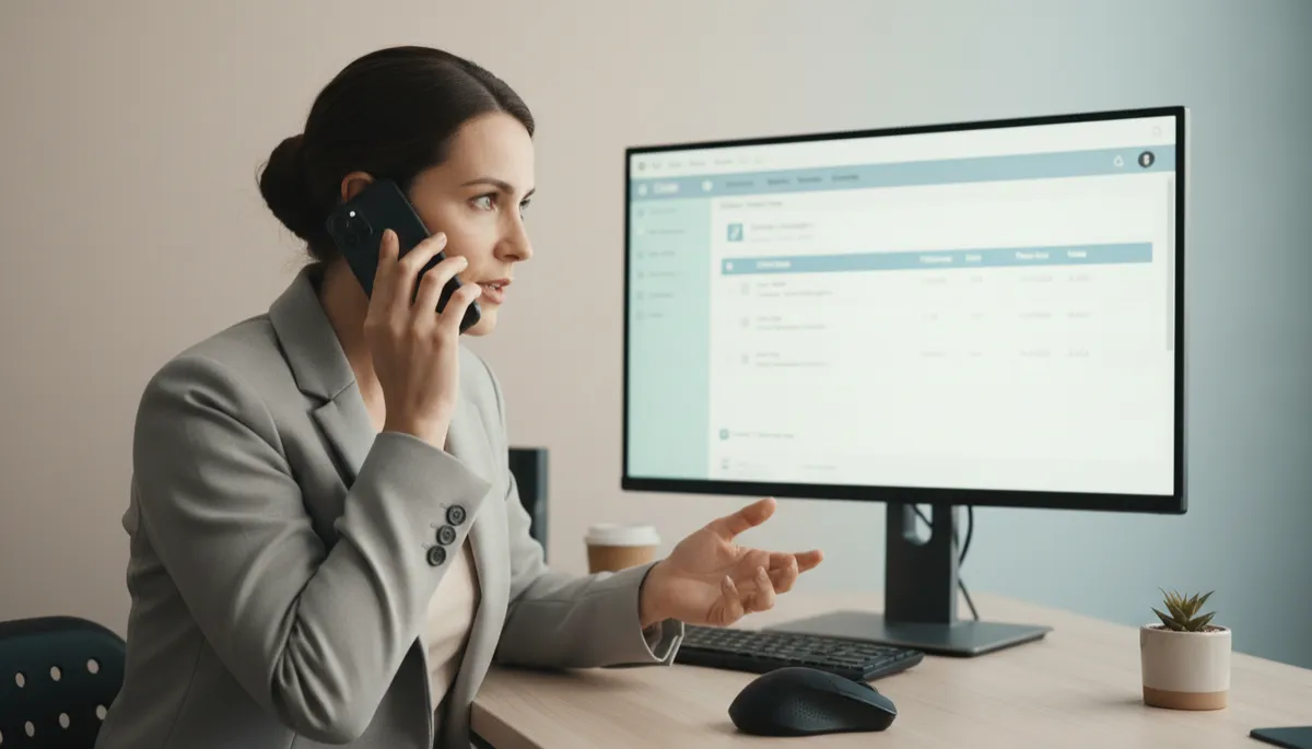 professional photorealistic close-up of a mobility consultant on the phone at a tidy desk, CRM screen visible with follow-up dates and notes, neutral colours and calm office lighting