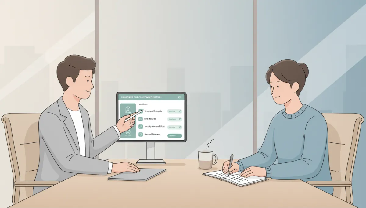 Advisor and homeowner reviewing a digital home risk assessment and mitigation checklist