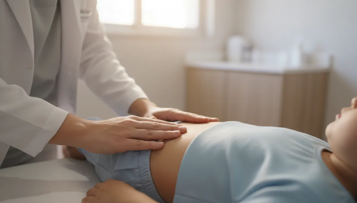 Gastropediatra examinando a barriga de uma criança em clínica no ABC Paulista