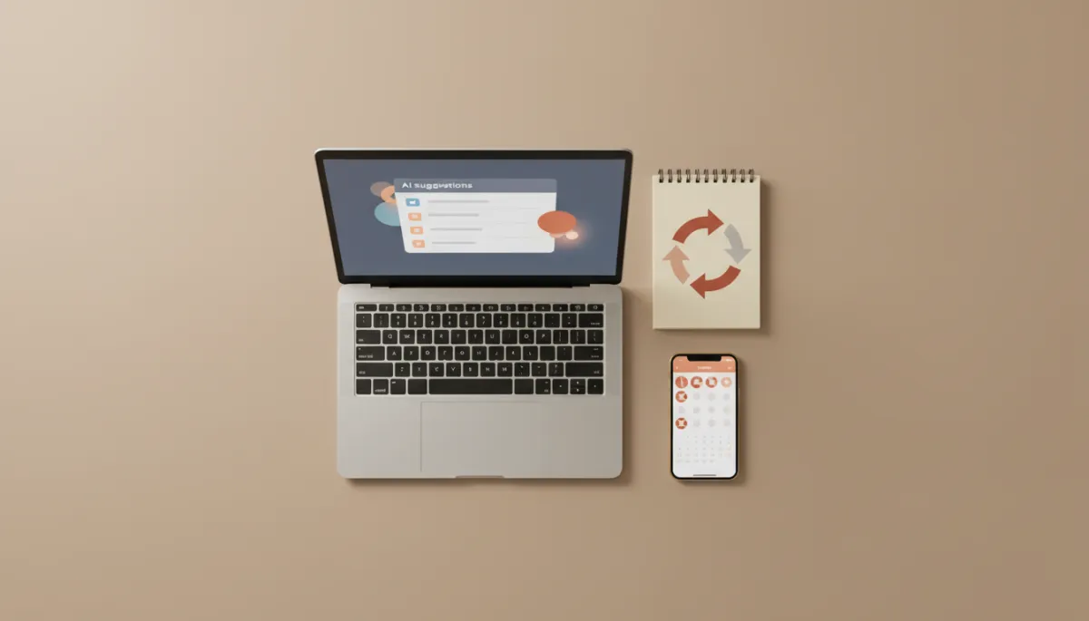 Laptop showing AI-generated time-saving suggestions next to simplified workflow notes