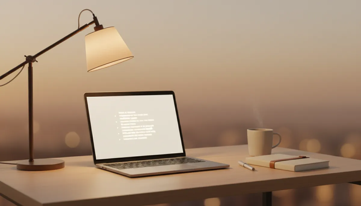 Laptop on a warm neutral desk showing a short list of daily wins