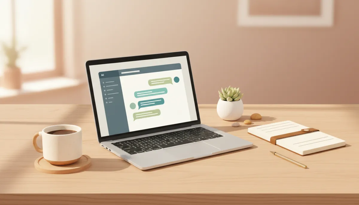 modern clean warm neutral workspace with laptop showing AI chat window, coffee mug, notebook, soft natural light, calm organized desk vibe