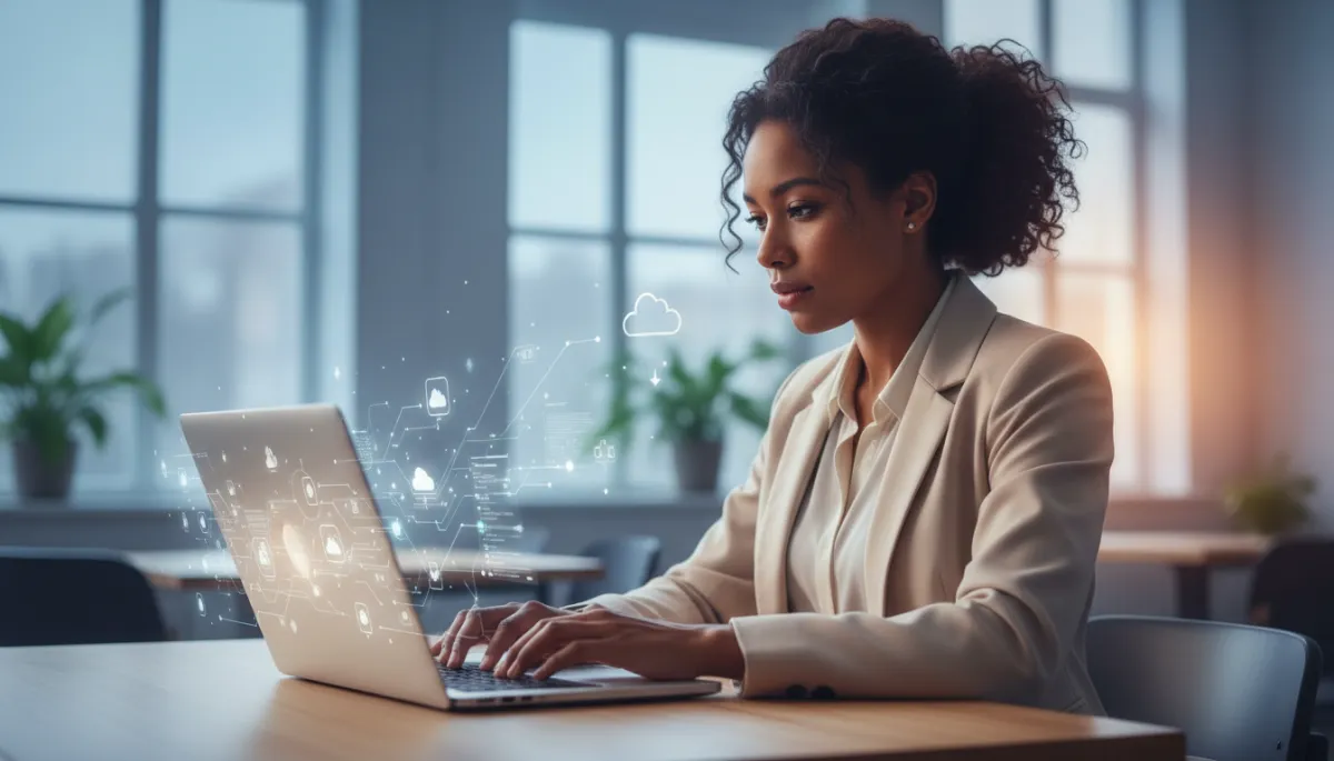 modern clean warm neutral scene of person skimming short bullet list on laptop while AI window shows summarized notes beside original long text