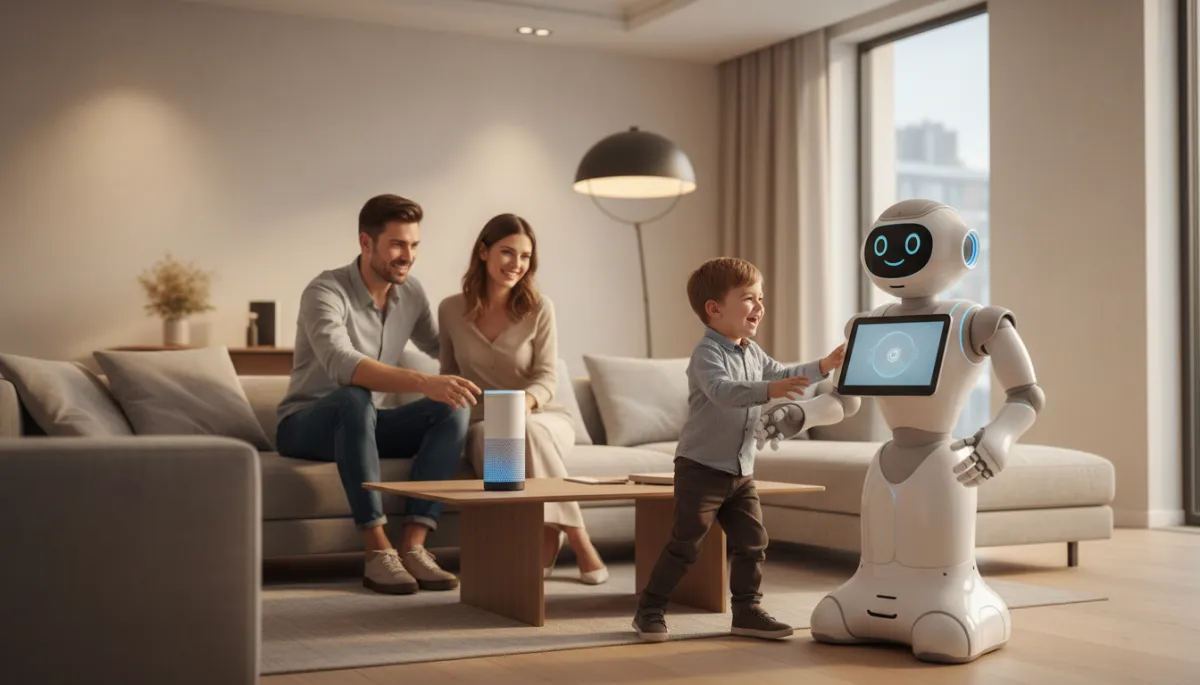 Familia en un hogar moderno interactuando con dispositivos y robots de inteligencia artificial