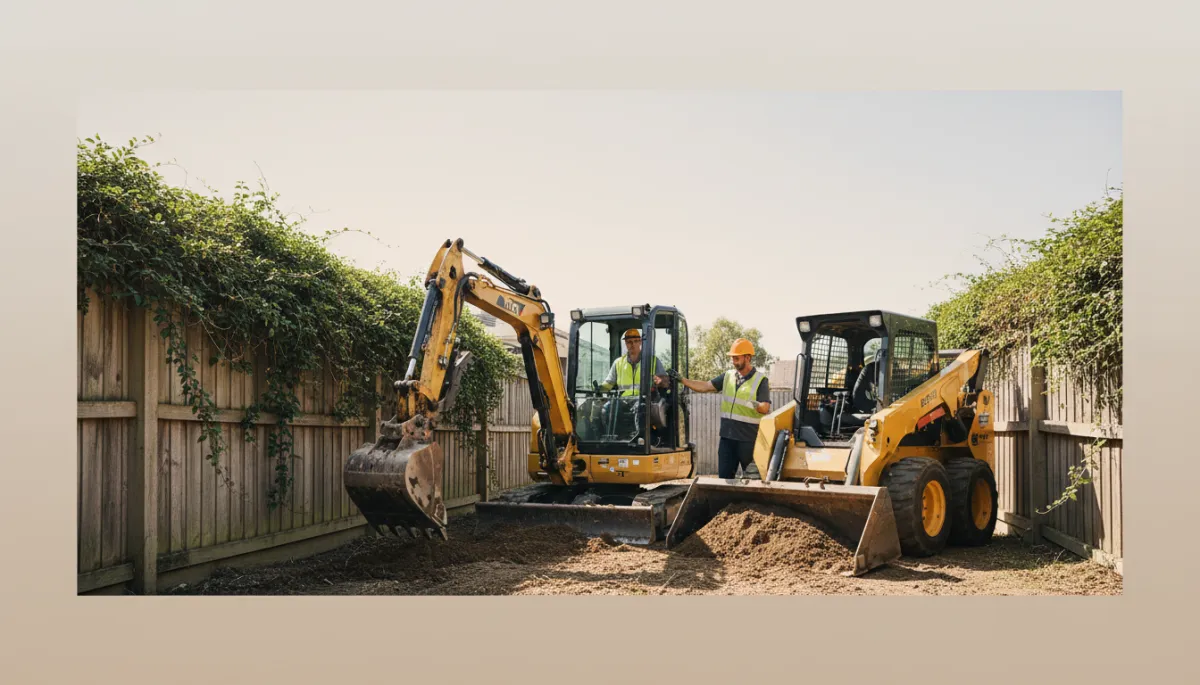 Mini excavator and skid steer clearing and levelling a small Sydney backyard