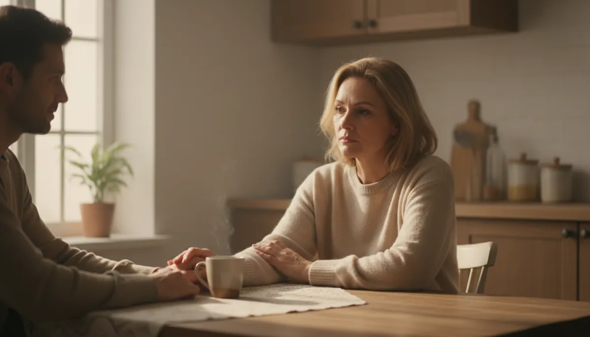 Veteran looking tired at a kitchen table while a loved one offers support Veteran looking tired at a kitchen table while a loved one offers support