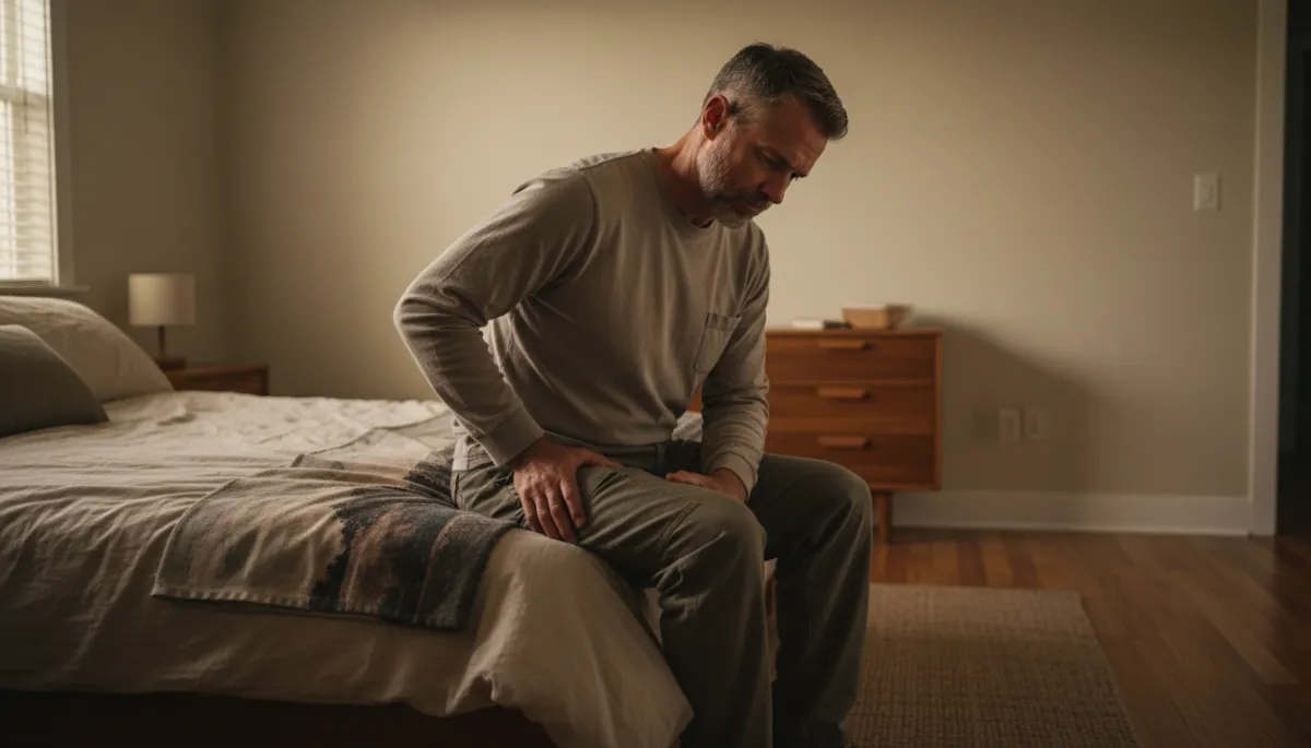 Veteran experiencing leg pain at home consistent with sciatica symptoms