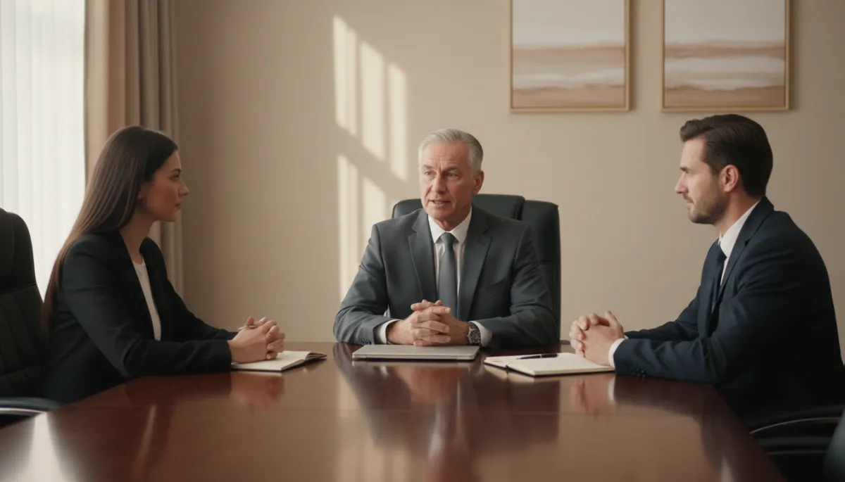 Veteran interviewing with civilian hiring managers in a professional office with warm neutral tones