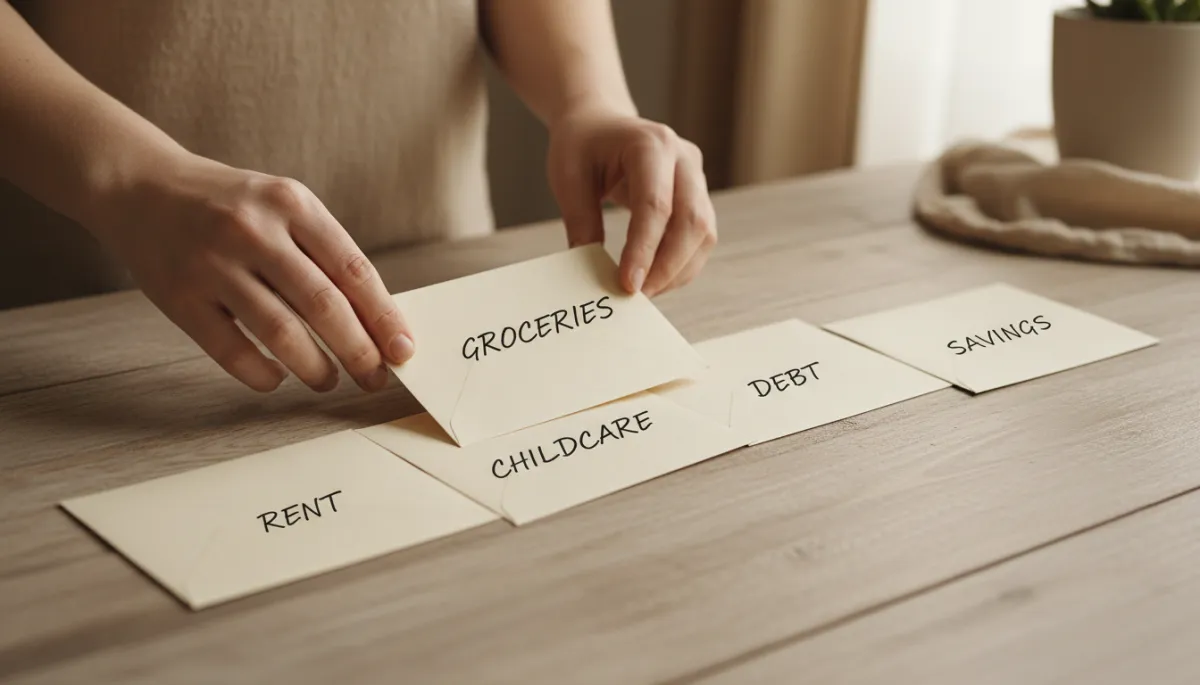 Hands organizing labeled cash envelopes for different household budget categories