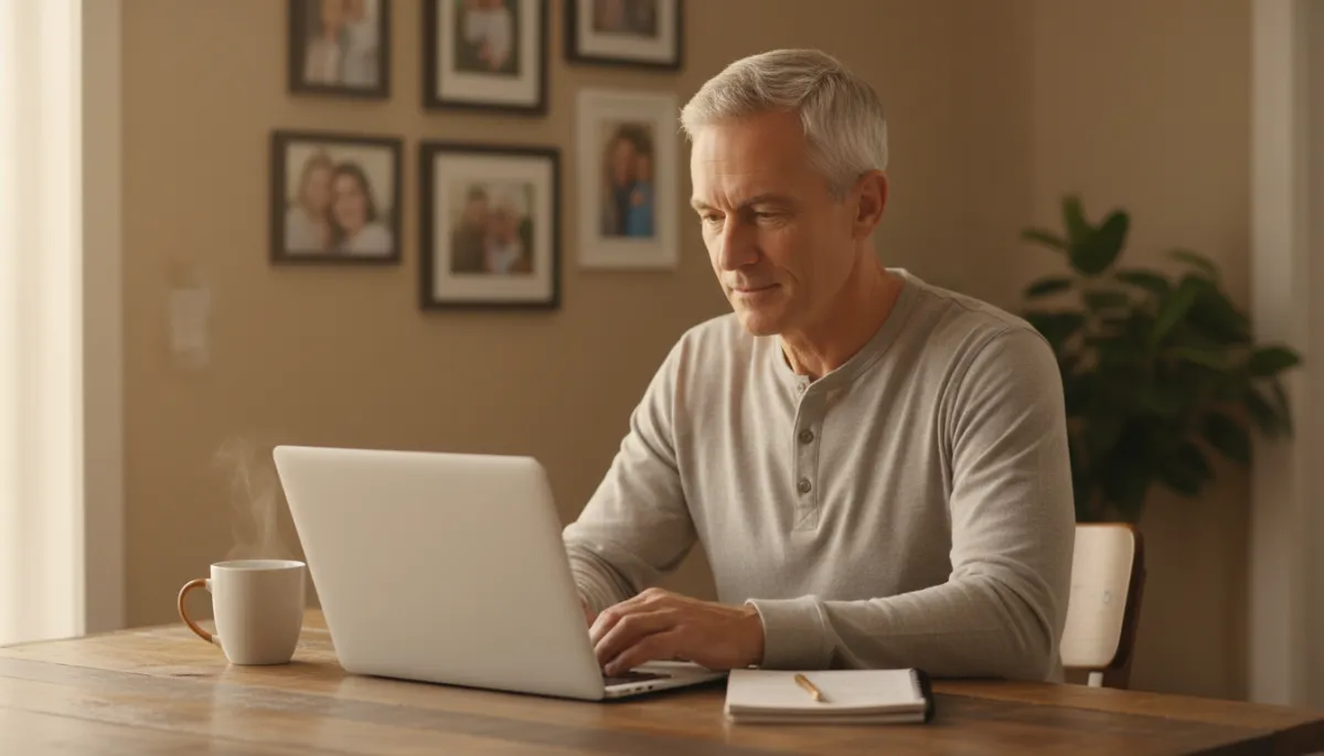 Photorealistic warm neutral image of a veteran working on a laptop at a kitchen table Photorealistic warm neutral image of a veteran working on a laptop at a kitchen table