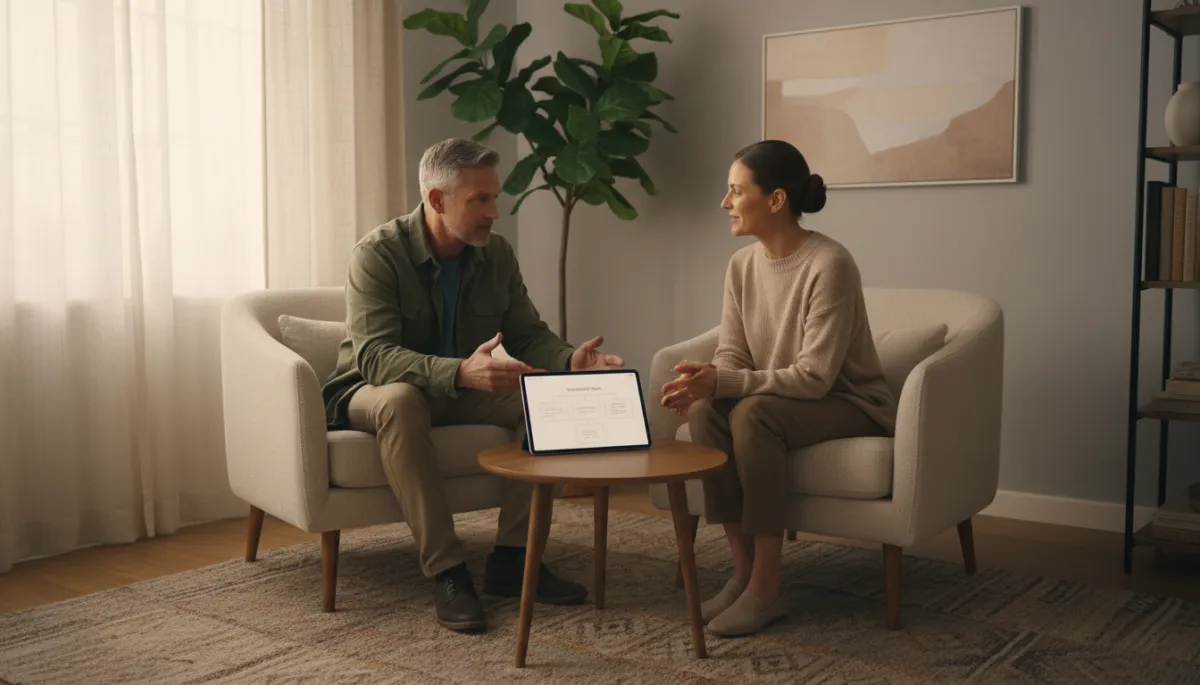 Photorealistic warm-toned scene of a veteran talking with a healthcare professional in a calm office setting Photorealistic warm-toned scene of a veteran talking with a healthcare professional in a calm office setting
