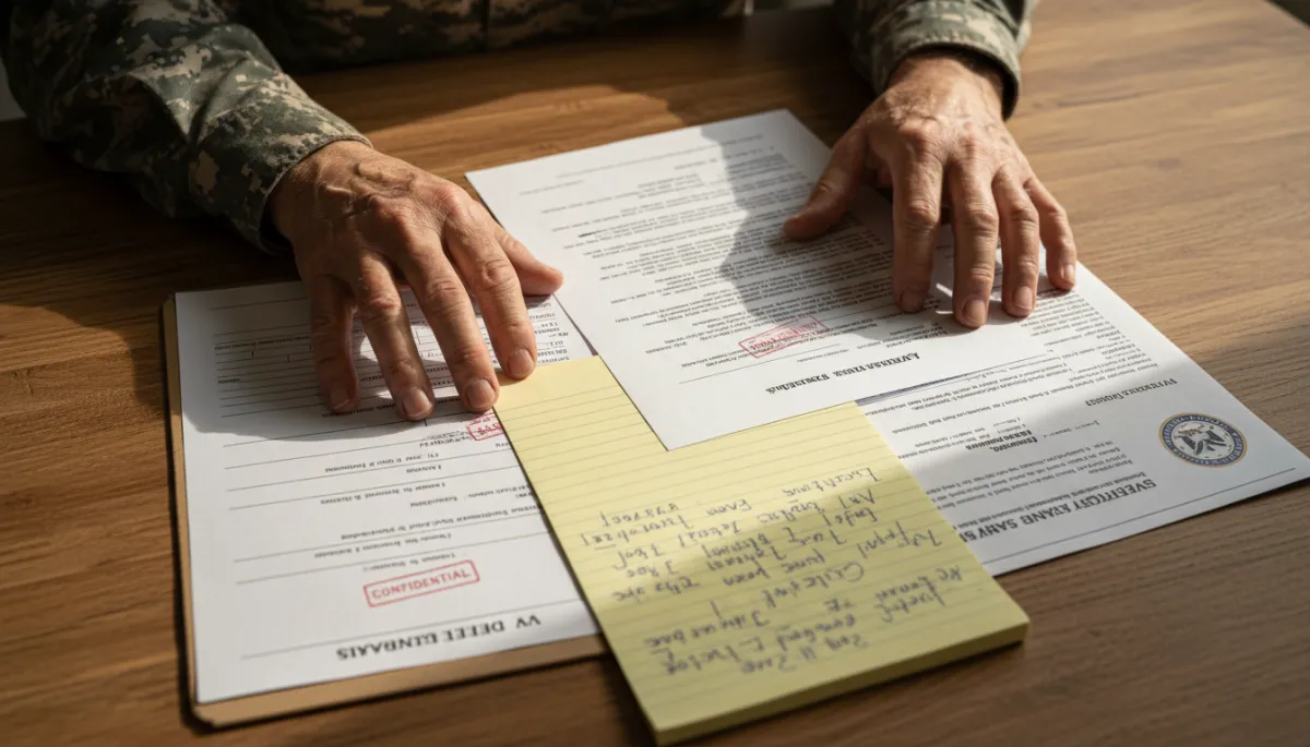 photorealistic close-up of a veteran’s hands in warm neutral tones spreading out medical records, VA decision letters, and handwritten notes on a wooden table, soft afternoon light, focused and determined atmosphere