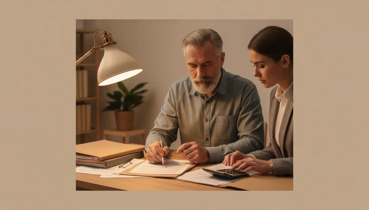 photographic realistic close-up in warm neutral tones of a veteran and a financial counselor sitting across a desk, reviewing documents with a pen and calculator, soft lamp light and calm supportive atmosphere