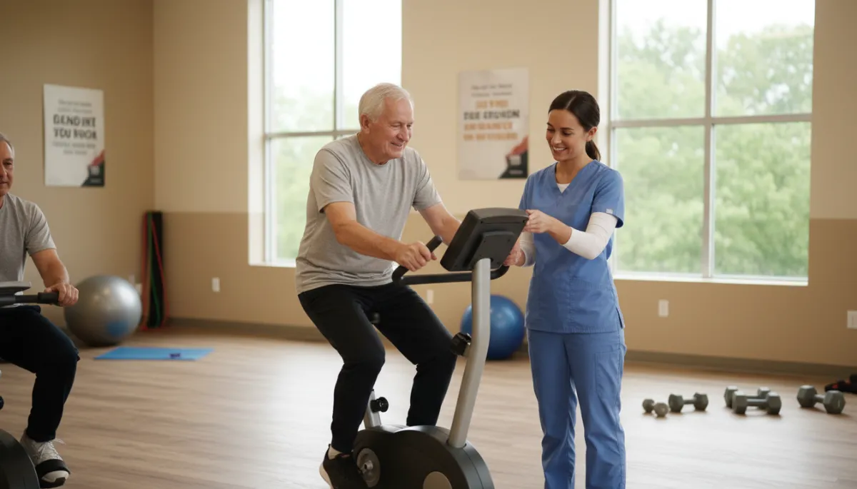 Veteran using a recumbent bike in a warm-toned rehabilitation gym