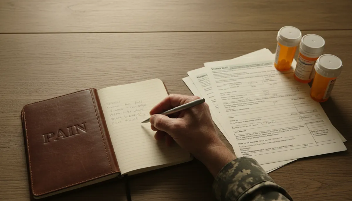 photorealistic close-up of a veteran’s hand writing in a pain journal at a wooden table beside VA forms and prescription bottles, warm neutral lighting with beige and brown tones