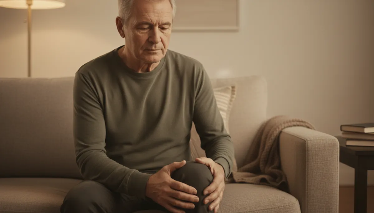 Veteran experiencing a painful arthritis flare-up while holding a swollen knee in a warm neutral living room