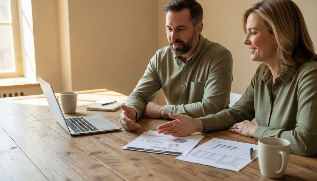 Veteran discussing a business plan with a counselor in a warm-toned office
