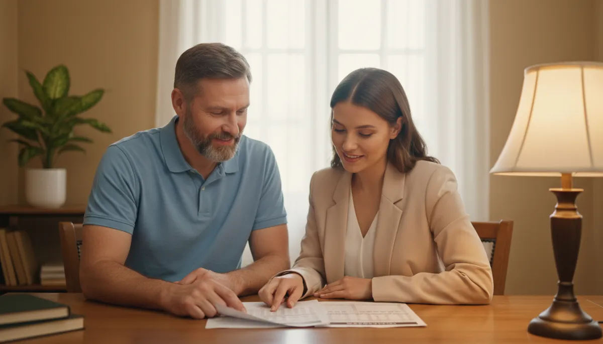 photorealistic warm neutral scene of a veteran sitting across from a financial counselor in a small office, both looking at a printed budget plan on a wooden desk, soft beige walls, warm lamp light, calm and hopeful expressions