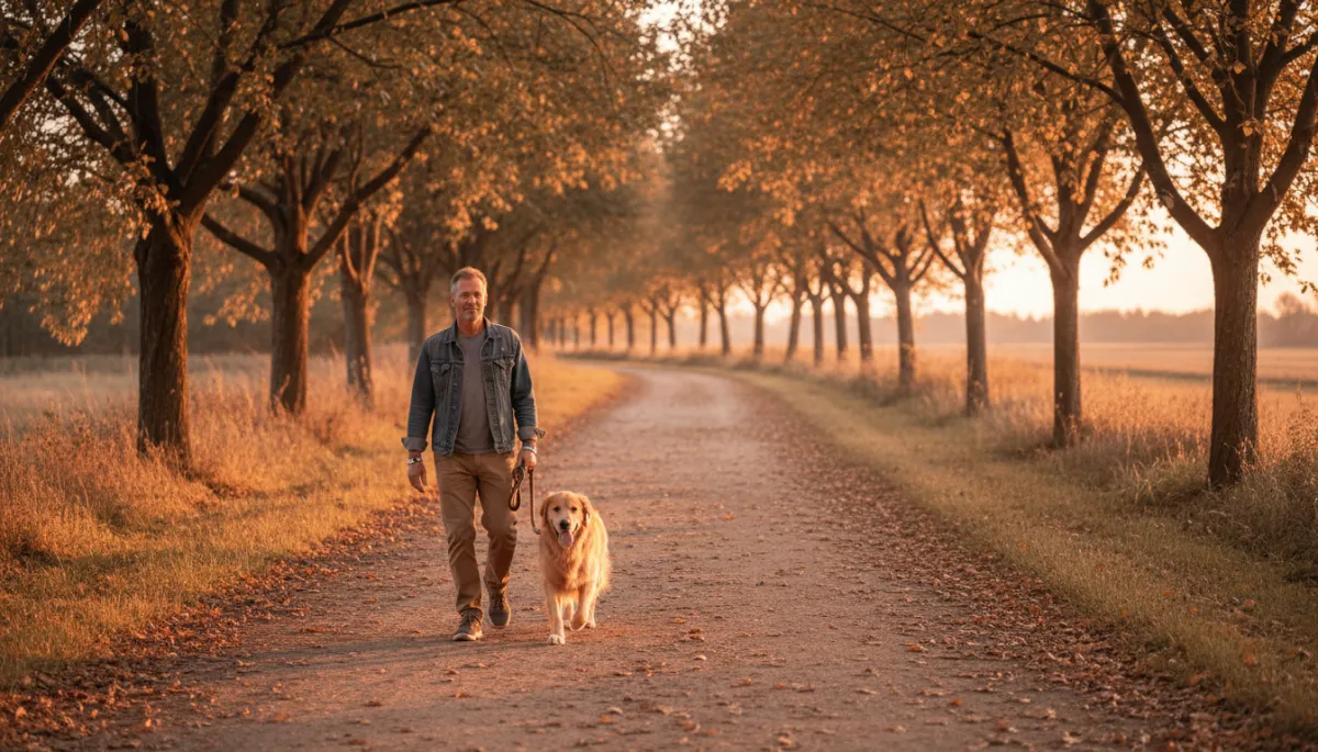 Veteran walking a dog on a warm neutral toned path at sunset Veteran walking a dog on a warm neutral toned path at sunset