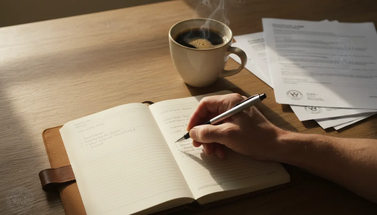 Veteran documenting symptoms in a journal next to VA claim paperwork in warm neutral tones