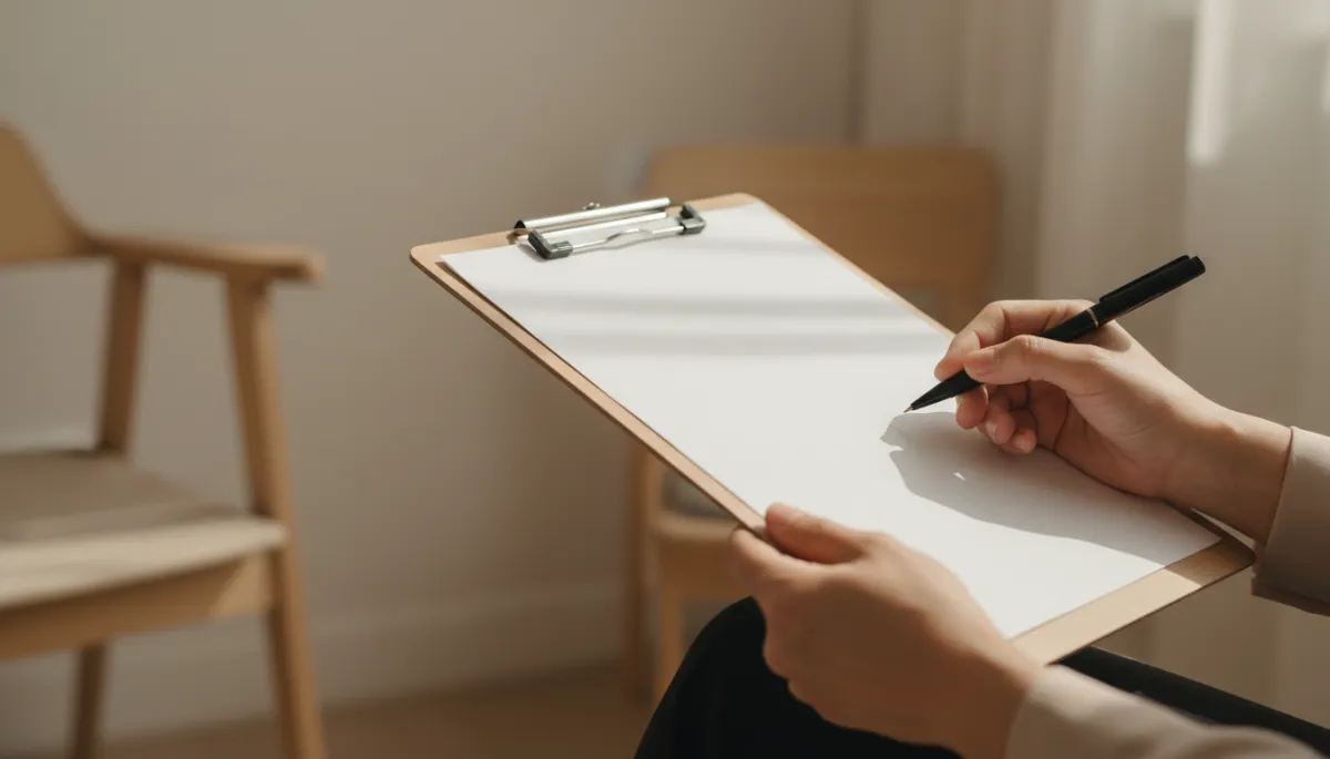 Close-up of a mental health professional taking notes during an assessment session