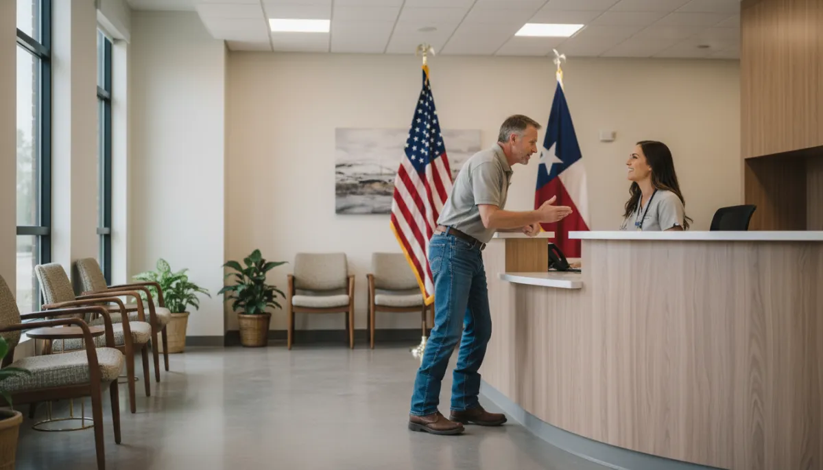 Photorealistic warm neutral scene of a veteran meeting with a provider at a Texas VA clinic