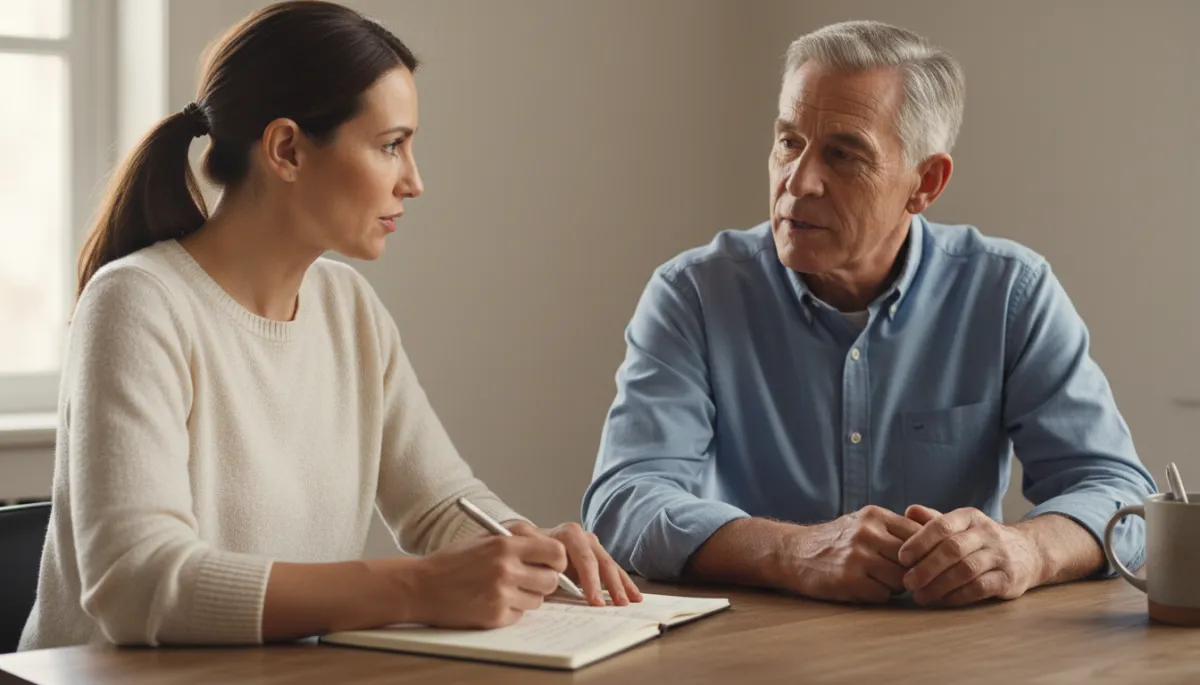 photorealistic warm neutral close-up of a clinician taking notes while a veteran speaks across a wooden desk, soft daylight, calm professional atmosphere